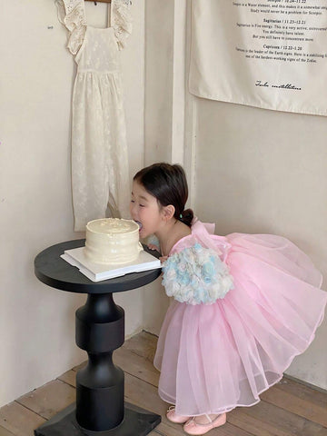 Young Girls Summer Round Neck Princess Dress With 3D Flower Decor And Tulle Patchwork Short Puff Sleeves