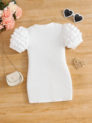 Young Girls' Summer Round Neck Ribbed Knit Dress With Puffed Sleeves