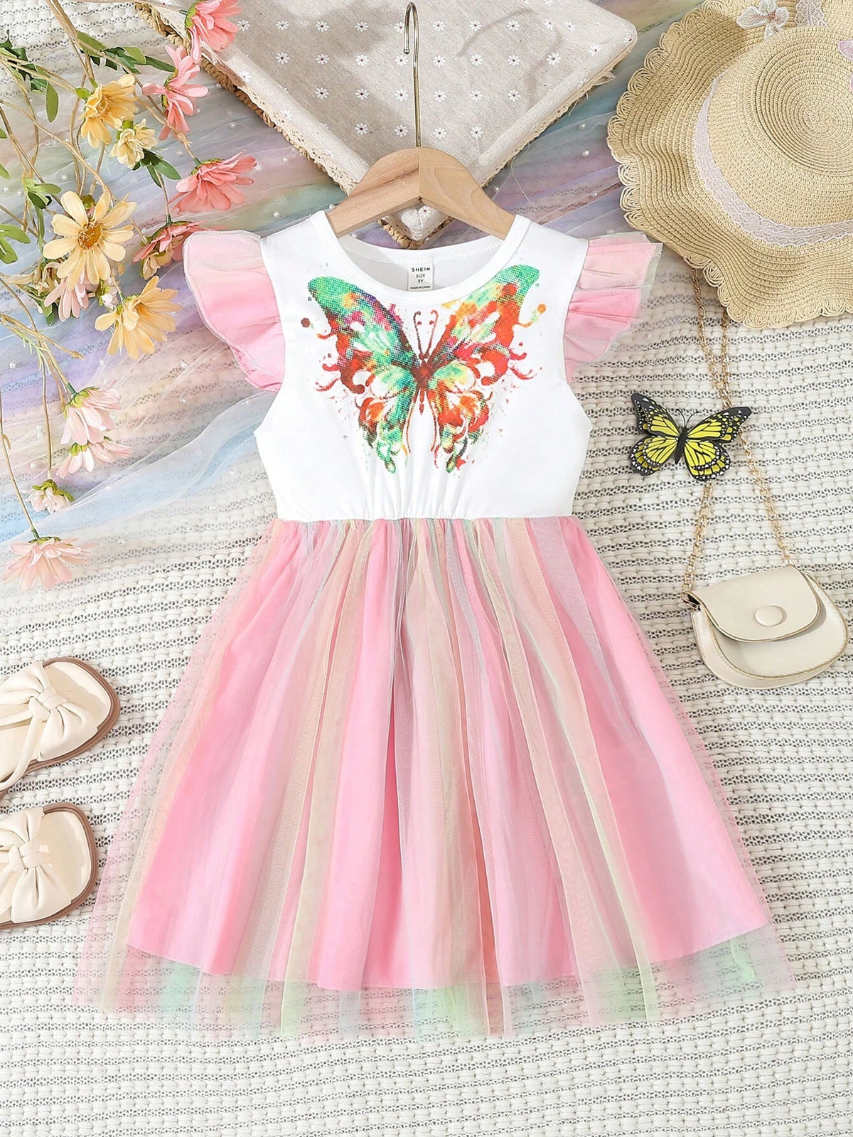 Young Girls' Summer Round Neck Short Butterfly Sleeve Colorful Mesh Dress