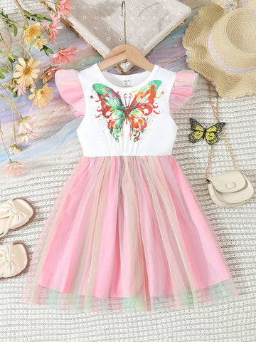 Young Girls' Summer Round Neck Short Butterfly Sleeve Colorful Mesh Dress