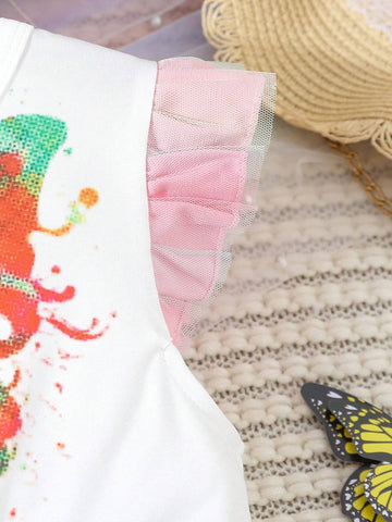 Young Girls' Summer Round Neck Short Butterfly Sleeve Colorful Mesh Dress