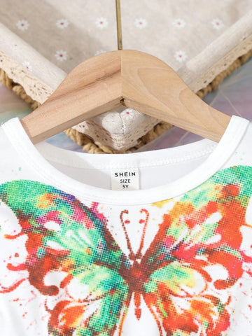 Young Girls' Summer Round Neck Short Butterfly Sleeve Colorful Mesh Dress