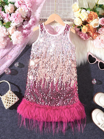 Young Girl's Summer Sequin Patchwork Furry Hem Glamorous Sleeveless Dress
