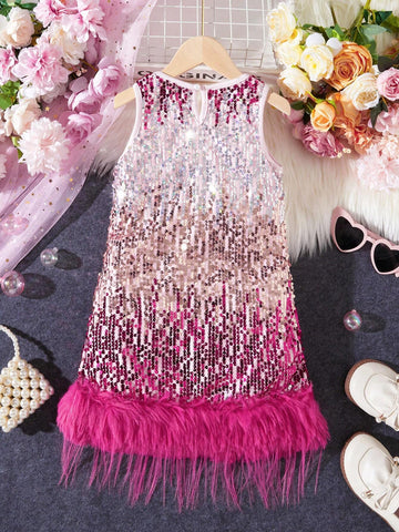 Young Girl's Summer Sequin Patchwork Furry Hem Glamorous Sleeveless Dress