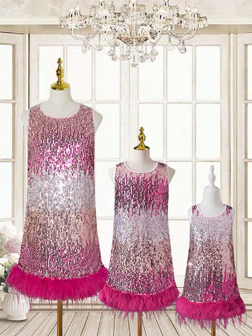 Young Girl's Summer Sequin Patchwork Furry Hem Glamorous Sleeveless Dress
