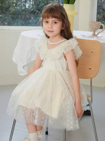 Young Girl's Summer Shiny Silver Sequin Mesh Patchwork Dress
