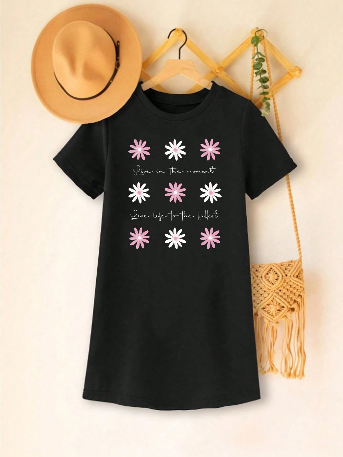 Young Girls' Summer Short Sleeve Round Neck Casual T-Shirt Dress With Letter & Floral Print