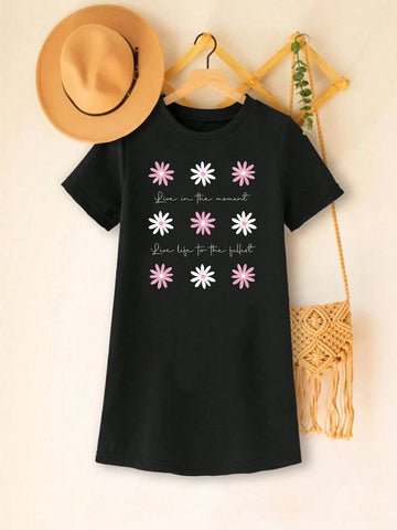 Young Girls' Summer Short Sleeve Round Neck Casual T-Shirt Dress With Letter & Floral Print