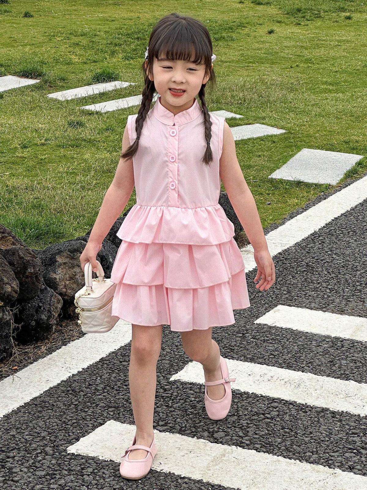 Young Girls' Summer Sleeveless Cake Dress With Stand Collar, Back-To-School Season