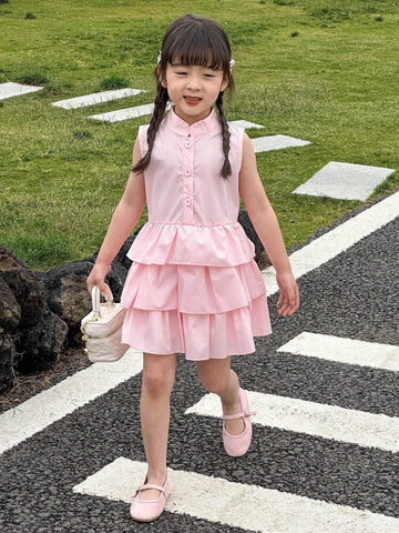 Young Girls' Summer Sleeveless Cake Dress With Stand Collar, Back-To-School Season