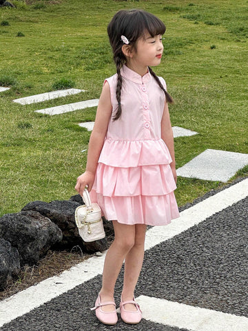 Young Girls' Summer Sleeveless Cake Dress With Stand Collar, Back-To-School Season