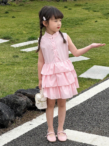 Young Girls' Summer Sleeveless Cake Dress With Stand Collar, Back-To-School Season
