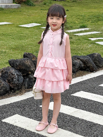 Young Girls' Summer Sleeveless Cake Dress With Stand Collar, Back-To-School Season