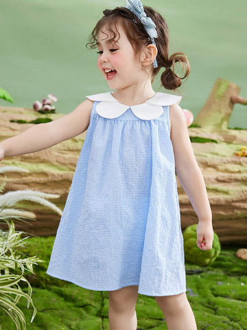 Young Girls' Summer Sleeveless Checkered Dress With Petal Collar