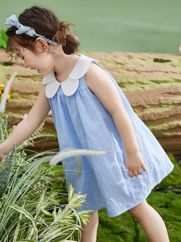 Young Girls' Summer Sleeveless Checkered Dress With Petal Collar