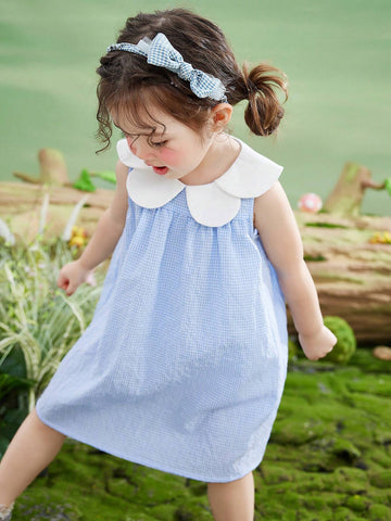 Young Girls' Summer Sleeveless Checkered Dress With Petal Collar