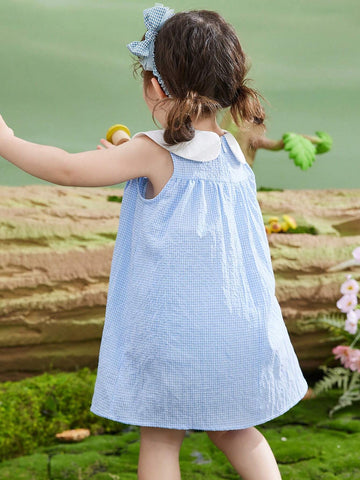 Young Girls' Summer Sleeveless Checkered Dress With Petal Collar