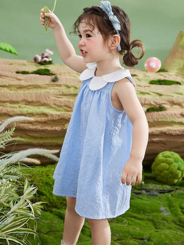 Young Girls' Summer Sleeveless Checkered Dress With Petal Collar