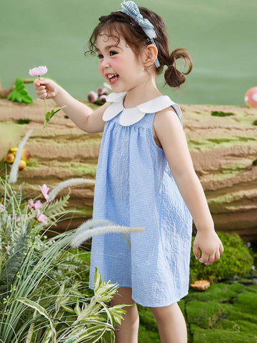 Young Girls' Summer Sleeveless Checkered Dress With Petal Collar