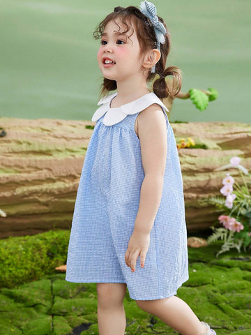 Young Girls' Summer Sleeveless Checkered Dress With Petal Collar