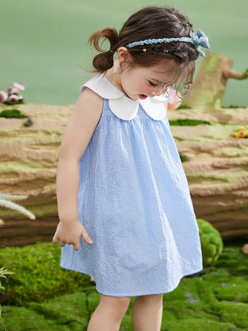 Young Girls' Summer Sleeveless Checkered Dress With Petal Collar