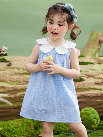 Young Girls' Summer Sleeveless Checkered Dress With Petal Collar