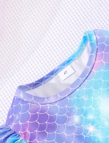 Young Girls' Summer Sleeveless Fish Scale Print Mesh Princess Dress With Bowknot Decoration