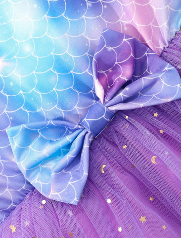 Young Girls' Summer Sleeveless Fish Scale Print Mesh Princess Dress With Bowknot Decoration