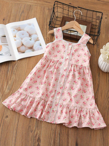 Young Girls' Summer Sleeveless Lace Trimmed Floral Printed Ruffle Hem Dress