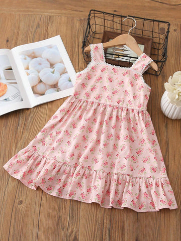 Young Girls' Summer Sleeveless Lace Trimmed Floral Printed Ruffle Hem Dress