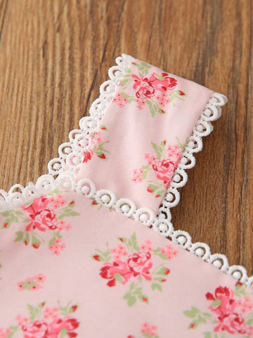 Young Girls' Summer Sleeveless Lace Trimmed Floral Printed Ruffle Hem Dress