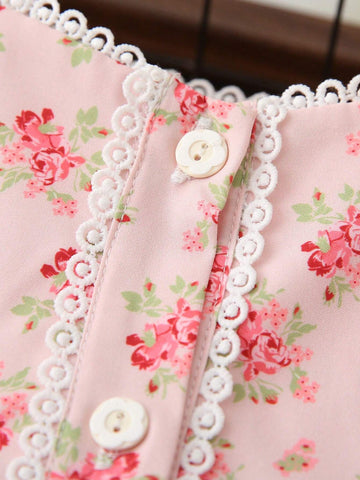 Young Girls' Summer Sleeveless Lace Trimmed Floral Printed Ruffle Hem Dress