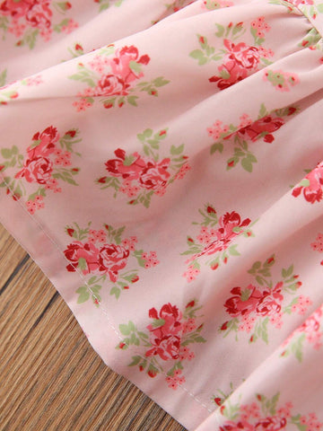 Young Girls' Summer Sleeveless Lace Trimmed Floral Printed Ruffle Hem Dress