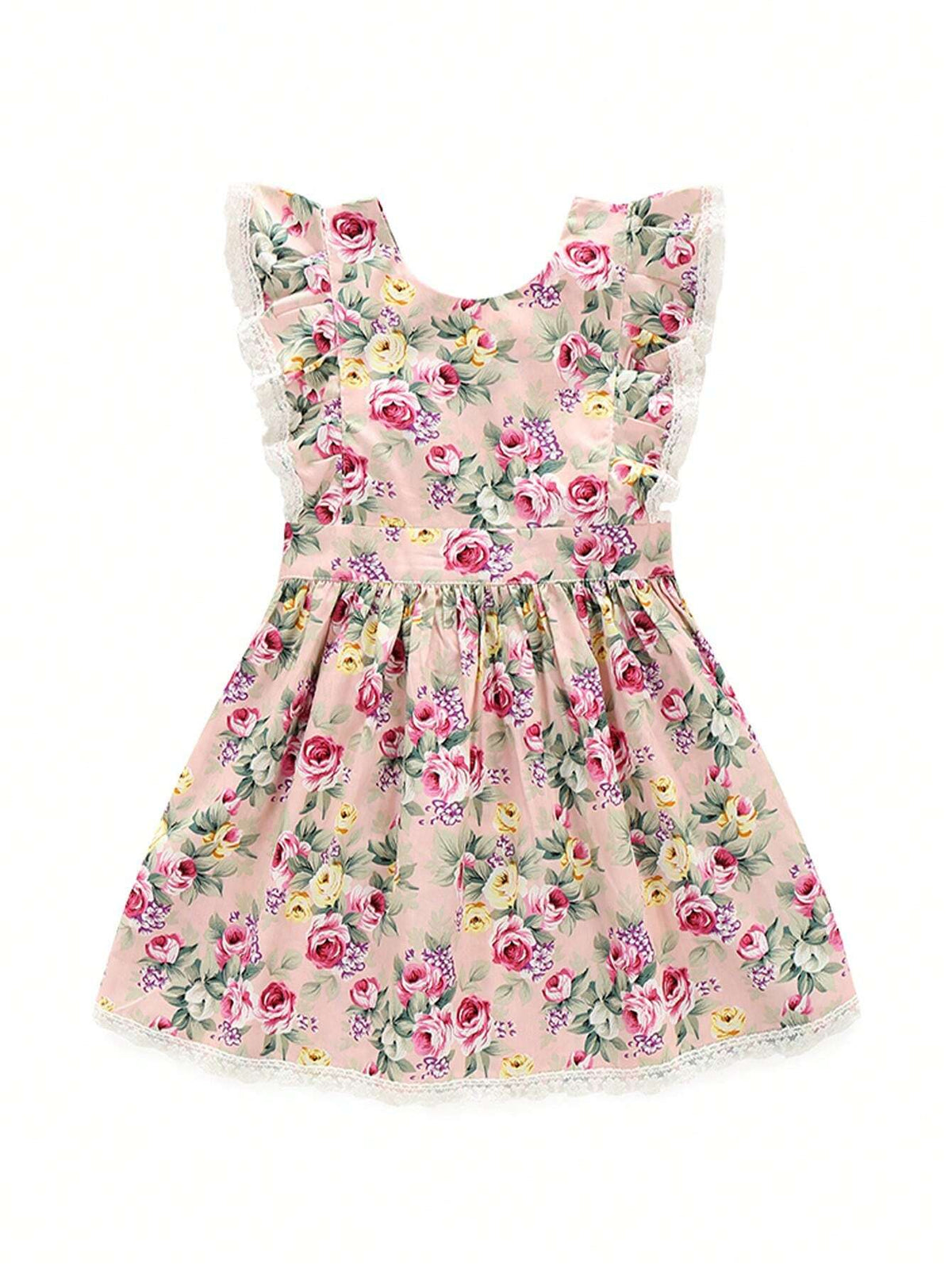 Young Girls' Summer Sleeveless Pink Floral Lace Trimmed Cute Dress