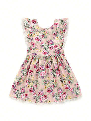 Young Girls' Summer Sleeveless Pink Floral Lace Trimmed Cute Dress