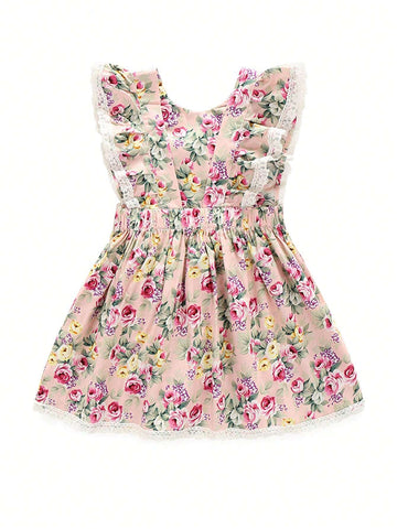 Young Girls' Summer Sleeveless Pink Floral Lace Trimmed Cute Dress