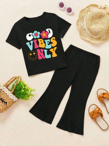 Young Girls' Summer Slogan Smile Face Print Round Neck Short Sleeve Casual T-Shirt And Flared Pants Two-Piece Set