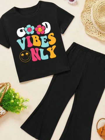 Young Girls' Summer Slogan Smile Face Print Round Neck Short Sleeve Casual T-Shirt And Flared Pants Two-Piece Set
