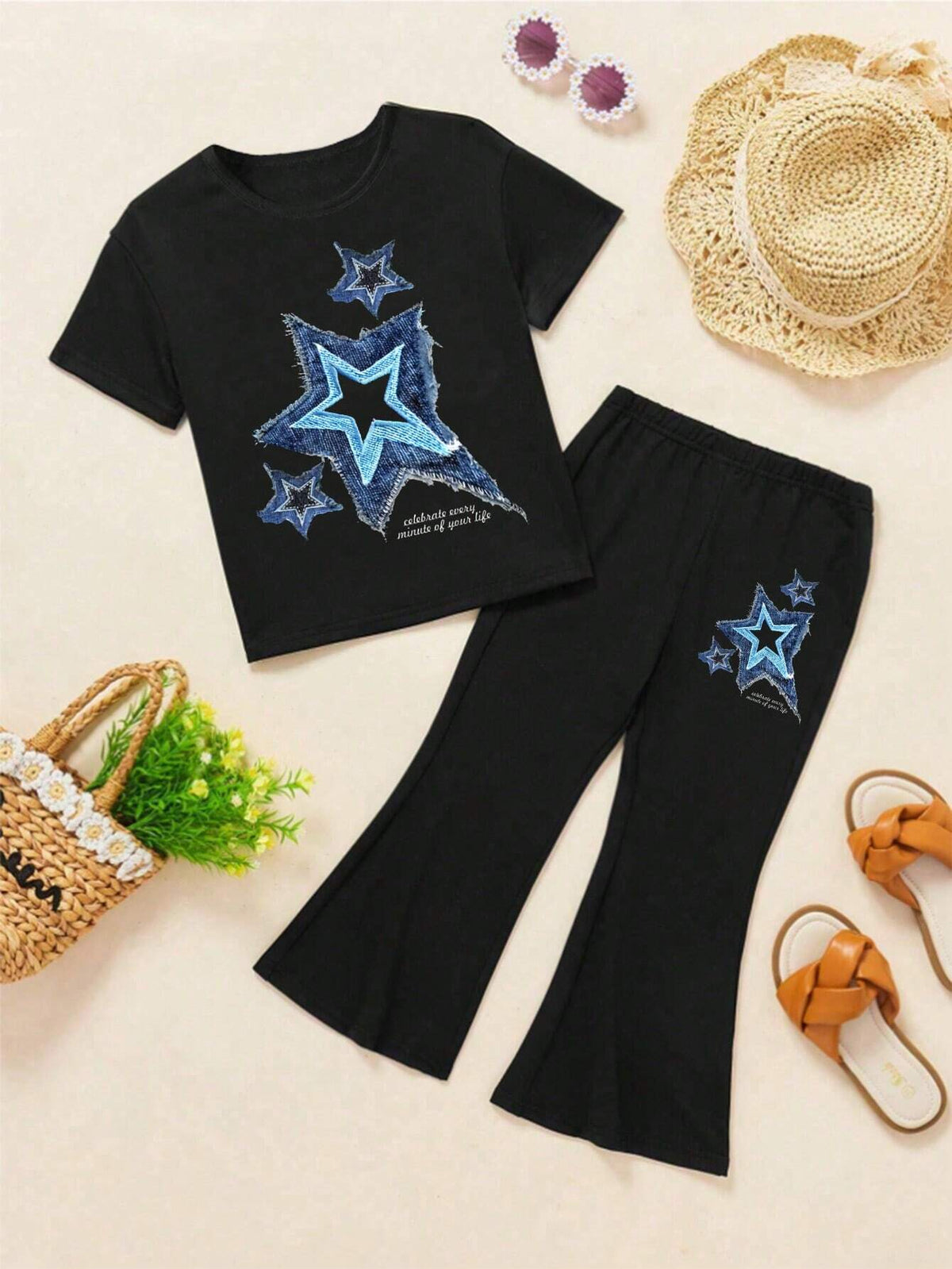 Young Girl's Summer Slogan & Star Printed Crew Neck Short Sleeve Casual T-Shirt And Flare Pants Two-Piece Set