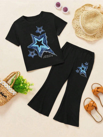 Young Girl's Summer Slogan & Star Printed Crew Neck Short Sleeve Casual T-Shirt And Flare Pants Two-Piece Set