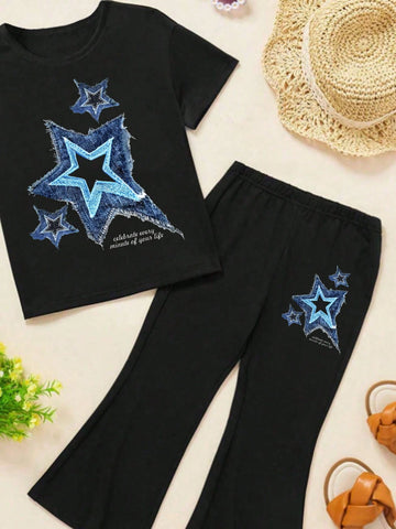 Young Girl's Summer Slogan & Star Printed Crew Neck Short Sleeve Casual T-Shirt And Flare Pants Two-Piece Set