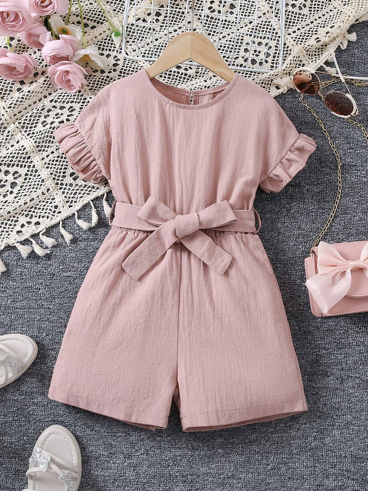 Young Girls" Summer Solid Color Batwing Sleeve Loose Casual Jumpsuit With Round Neckline