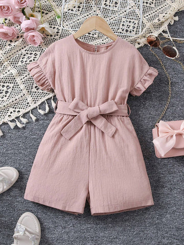 Young Girls" Summer Solid Color Batwing Sleeve Loose Casual Jumpsuit With Round Neckline