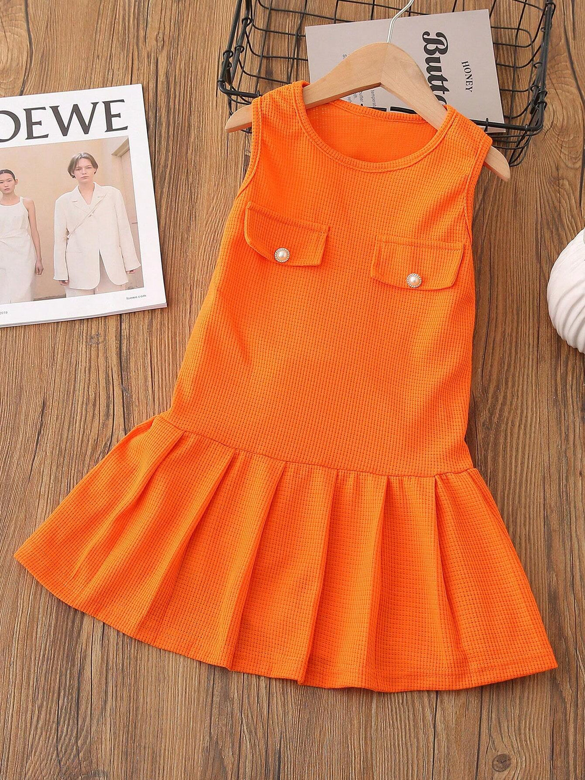 Young Girls' Summer Solid Color Casual Sleeveless Dress With Pleated Hem