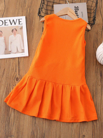 Young Girls' Summer Solid Color Casual Sleeveless Dress With Pleated Hem