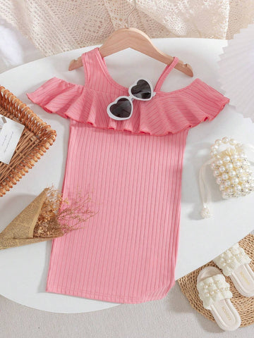 Young Girl's Summer Solid Color Off-Shoulder Ruffle Hem Asymmetric Neck Casual Dress