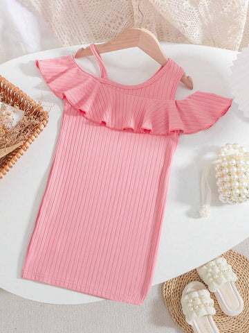 Young Girl's Summer Solid Color Off-Shoulder Ruffle Hem Asymmetric Neck Casual Dress
