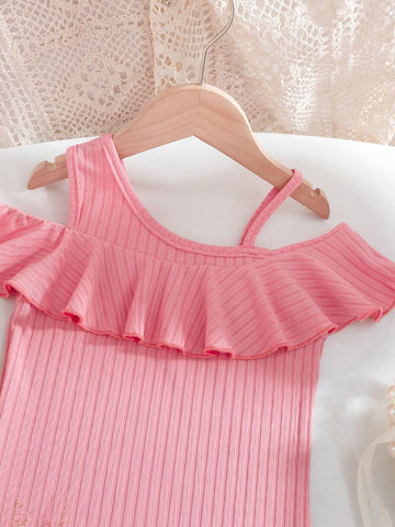 Young Girl's Summer Solid Color Off-Shoulder Ruffle Hem Asymmetric Neck Casual Dress
