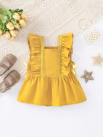 Young Girl's Summer Solid Color Square Neck Ruffle Trim Top