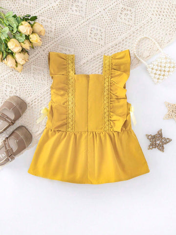 Young Girl's Summer Solid Color Square Neck Ruffle Trim Top